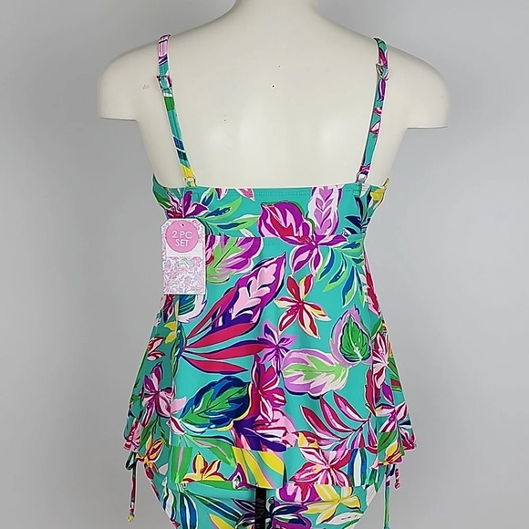 Stella Parker 2 Pc Tankini Swim Blue Multi Colour Floral Print Tiered Top Size M - Picture 5 of 15